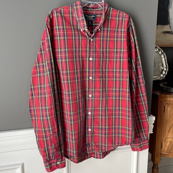 Abercrombie & Fitch Red Tartan Plaid Button Down Shirt XL Muscle Fit Preppy - Picture 2 of 5